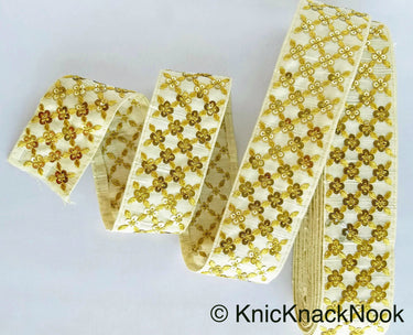 Beige Art Silk Fabric Trim With Gold Embroidery and Gold Sequins, Approx. 55mm Wide - 210119L166